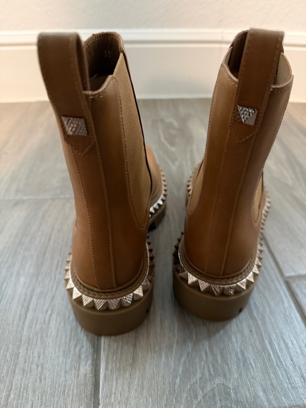 Christian Louboutin Tan Leather Platform Chelsea Booties with Studded Trim - Picture 6 of 7